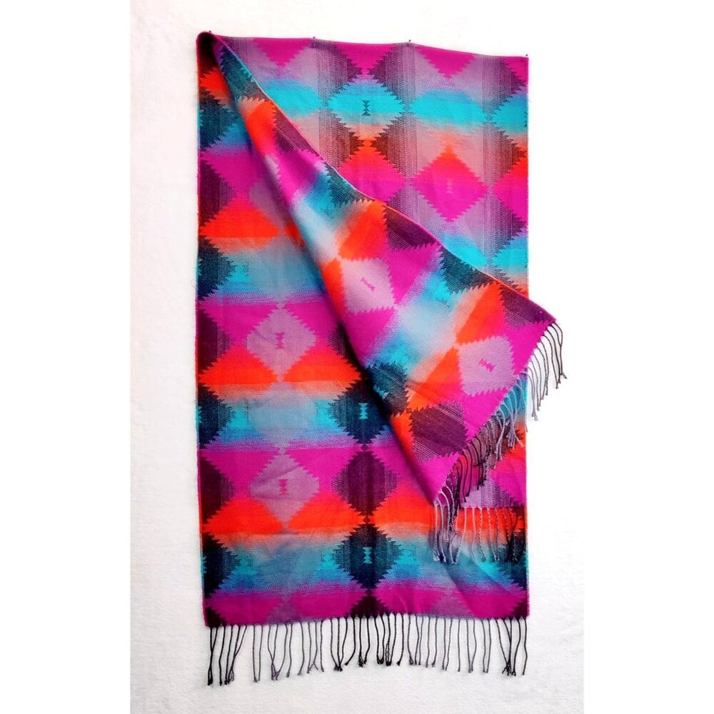 Southwestern Shawl Scarf Wrap Fuchsia Multi Color Fringe Rectangle 22.5"x72"